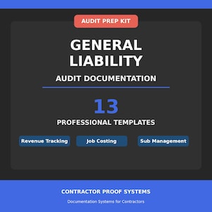 Può includere: Grafica grigio scuro con il testo "AUDIT PREP KIT" e "GENERAL LIABILITY AUDIT DOCUMENTATION". Include anche "13 PROFESSIONAL TEMPLATES" e pulsanti per "Revenue Tracking", "Job Costing" e "Sub Management".