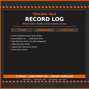 以下が含まれることがあります： 「Toolbox Talk Record Log」と題された黒とオレンジ色のドキュメント。ドキュメントには「Weekly Safety Meeting Documentation System」というテキストが含まれています。番号付きの記録シート、マスターログ、トピックリファレンスガイドなどの機能がリストされています。ドキュメントは70ページです。