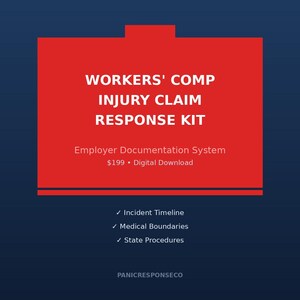 Op de afbeelding: Een rode rechthoek op een donkerblauwe achtergrond toont de tekst "WORKERS' COMP INJURY CLAIM RESPONSE KIT". Daaronder staat "Employer Documentation System". Extra tekst omvat "Incident Timeline", "Medical Boundaries" en "State Procedures".