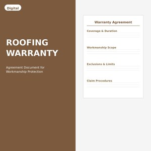 May include: A digital document with the words "ROOFING WARRANTY" in large white letters. The document also includes the text "Agreement Document for Workmanship Protection" and a section titled "Warranty Agreement" with subheadings.