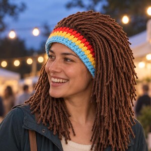 May include: A crochet hat featuring a wide, colourful headband with horizontal stripes in light blue, yellow, and red. The hat is adorned with long, thick, brown yarn strands that hang down to resemble hair, creating a textured, layered appearance.