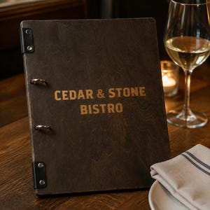 May include: A dark brown wooden menu cover with the text CEDAR & STONE BISTRO engraved in the center. The cover features two black leather-like corner accents secured with silver metal rivets and two silver metal binder rings on the left side.