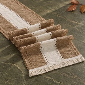 Cream and Brown Striped Cotton Table Runner with Fringe, Woven Openwork Design for Indoor Soap Displays, 30 cm Wide in 12 Standard Lengths
