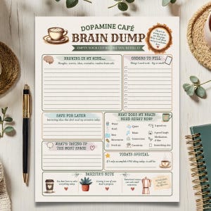 Puede incluir: Una hoja de planificación Dopamine Café Brain Dump con secciones para pensamientos, tareas, ideas y necesidades diarias. La página incluye ilustraciones con temática de café, casillas de verificación y títulos como Brewing in My Mind y Barista's Note.