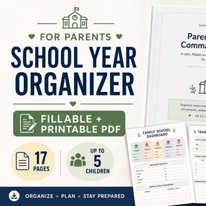 Parent School Planner, 17-Page Fillable Printable PDF, Family School Binder and Forms Organizer