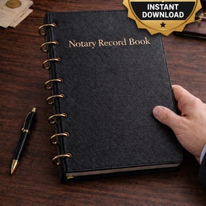 May include: A black, textured Notary Record Book with gold-colored metal binding rings. The cover features the text "Notary Record Book" in gold lettering. A gold-colored badge in the upper right corner displays the text "DIGITAL PRODUCT INSTANT DOWNLOAD".
