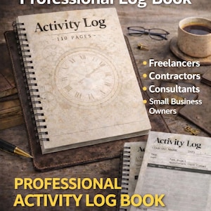 Op de afbeelding: Een professioneel activiteitendagboek met de tekst "Activity Log" en "110 PAGES". De omslag heeft een klokontwerp. De afbeelding bevat ook een kopje koffie, een bril en een pen.
