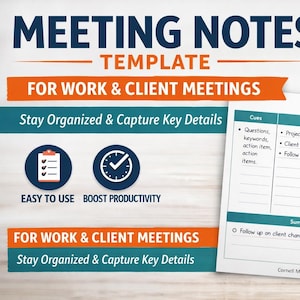 May include: Meeting notes template for work and client meetings. The design includes a notepad with the Cornell Method, a black pen, and icons for easy use and productivity. The text includes "Stay Organized & Capture Key Details."