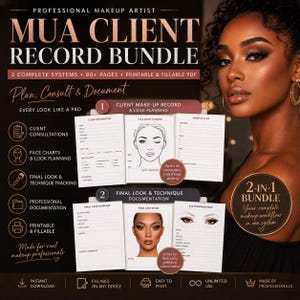 Può includere: Pacchetto MUA Client Record per truccatori professionisti. Include documenti PDF stampabili e compilabili con registrazioni dei clienti, schemi viso, pianificazione del look e documentazione finale. Per professionisti.