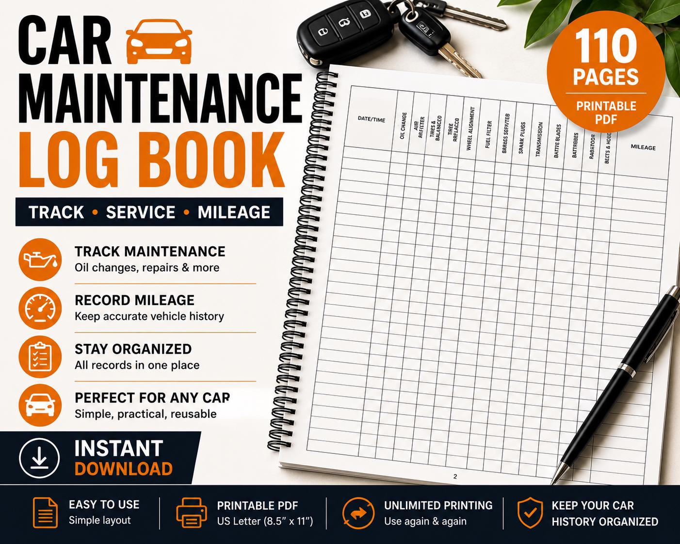 Vehicle Maintenance Log Printable PDF | Car Service Record Book - Etsy