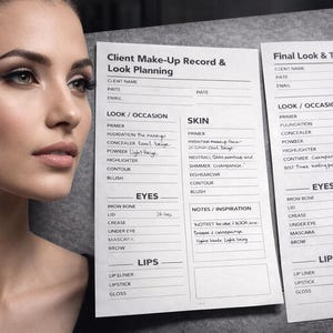 Puede incluir: El rostro de una mujer está junto a dos documentos de planificación de maquillaje. Los documentos se titulan "Client Make-Up Record & Look Planning" y "Final Look & Technique Document". Un bolígrafo descansa sobre el segundo documento.