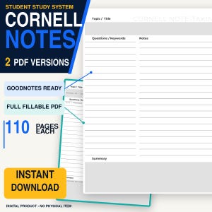 Cornell-Notizvorlage: Druckbare und ausfüllbare PDF-Datei für Goodnotes und Hochschulvorlesungen