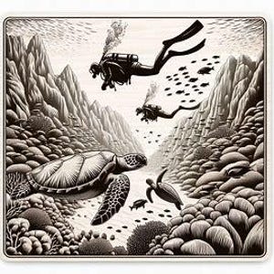 Pode incluir: Uma ilustração quadrada a preto e branco que retrata uma cena subaquática com dois mergulhadores a nadar sobre duas tartarugas marinhas. O ambiente apresenta formações rochosas, recifes de coral e um cardume de peixes pequenos.