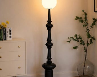 Handmade Black Floor Lamp, Modern Globe Floor Lamp, Wooden Standing Lamp, Minimalist Living Room Light, Luxury Home Decor, Floor Light