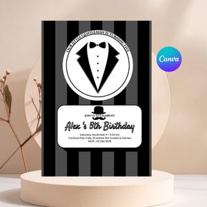 May include: A black and grey birthday invitation featuring a tuxedo design and the text "OUR LITTLE GENTLEMAN IS TURNING FIVE." The invitation includes the text "Alex's 5th Birthday" and event details. The Canva logo is visible.