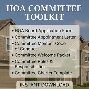 Puede incluir: Gráfico digital del kit de herramientas del comité de la HOA con un cielo azul de fondo y una casa. El kit de herramientas incluye formularios, cartas y plantillas para solicitudes de la junta directiva de la HOA, nombramientos de comités y código de conducta.