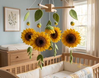 Filtmobil med solros, blommig babymobil, solrosbarnrumsdekor, spjälsängsmobil