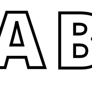 Könnte beinhalten: Zwei schwarz umrandete Buchstaben "A" und "B" auf weißem Hintergrund. Der Buchstabe "A" hat ein dreieckiges Innenteil, während der Buchstabe "B" zwei abgerundete Innenformen hat. Die Buchstaben sind fett und einfach.