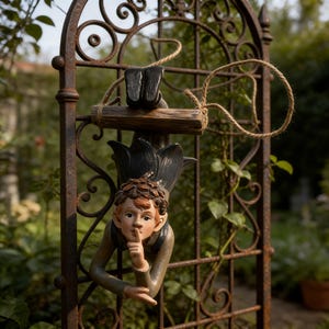 Könnte beinhalten: Eine dekorative Gartenskulptur mit einem jungen Mann, der den Finger an den Lippen hat, an einem rostigen Metalltor befestigt. Der Junge trägt ein grünes und blaues Outfit. Ein Seil und ein Holzbalken sind ebenfalls am Tor befestigt.