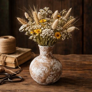 Puede incluir: Un jarrón redondo y rústico, con un acabado texturizado marrón y blanco, contiene un ramo de flores secas. El arreglo incluye margaritas amarillas, paniculata blanca y espigas de trigo. El jarrón está sobre una superficie de madera, con libros y cuerda en el fondo.