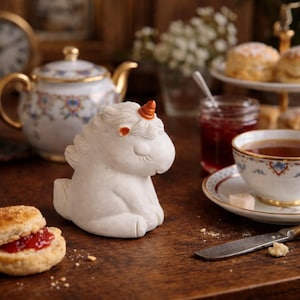 May include: A white ceramic unicorn figurine with an orange horn and eye details. The unicorn is seated on a wooden surface, with a teapot, teacup, and scones with jam in the background. The scene evokes a whimsical tea party.