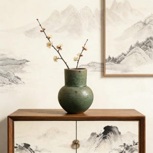 Jarrón de cerámica verde moteado - Maceta de cerámica Wabi Sabi - Decoración zen hecha a mano - Jarrón de gres de estilo vintage - Regalo para amantes del arte