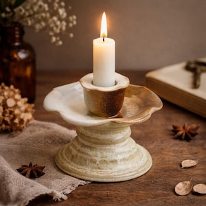 May include: A lit white candle in a ceramic candle holder. The candle holder has a scalloped dish and a pedestal base. The candle holder is cream and brown, with a rustic, handmade appearance. The flame is bright and yellow.