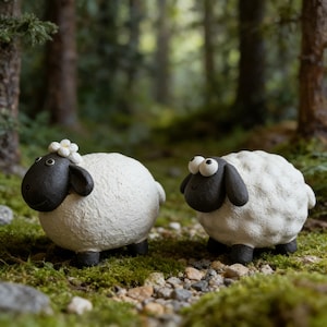Puede incluir: Dos figuras caprichosas de ovejas con lana blanca y caras y patas negras. Una oveja lleva una corona de flores. Las ovejas están situadas en una escena de bosque con musgo verde y pequeñas rocas. Las figuras tienen un diseño de dibujos animados.
