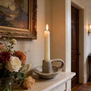 May include: A lit, cream-coloured candle in a grey ceramic candlestick holder with a handle. The candle is tall and slender, with a bright flame. The holder has a round base and a small dish. A bouquet of flowers and a painting are in the background.