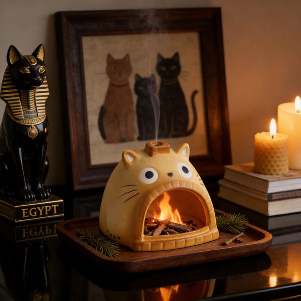 This handmade mini fireplace incense burner/censer with a cartoon cat theme is a unique and atmospheric decorative item. housewarming gift.