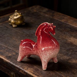 May include: A red ceramic horse figurine with a glossy finish. The horse is standing on four legs and has a detailed mane and tail. A small gold frog statue is in the background. The objects are on a dark wooden surface.