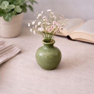 May include: A small, round, green ceramic vase holds a delicate arrangement of small, light pink flowers. The vase sits on a neutral-toned tablecloth, with a potted plant and an open book in the background.