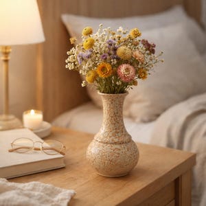 Könnte beinhalten: Eine beige Vase mit Sprenkelmuster enthält einen Strauß getrockneter Blumen in Gelb-, Orange-, Rosa- und Lilatönen. Die Vase steht auf einem Nachttisch aus Holz neben einem Buch, einer Brille und einer brennenden Kerze.