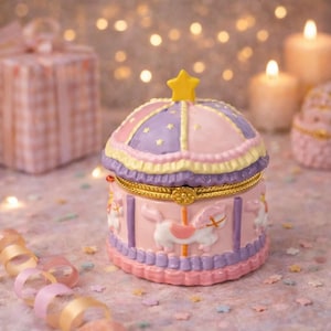 Puede incluir: Una caja de baratijas con temática de carrusel en rosa pastel, morado y amarillo. La caja presenta una tapa abovedada con una estrella amarilla y diseños de caballos de carrusel alrededor de la base. La caja está decorada con adornos dorados y probablemente sea de cerámica.
