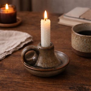 May include: A lit white candle in a brown ceramic candle holder with a handle. The candle holder sits on a wooden surface, with a lit jar candle and a cup of coffee in the background. The candle flame is bright.