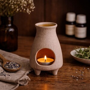 Może przedstawiać: Beżowy ceramiczny dyfuzor olejków eterycznych z okrągłym otworem na świeczkę typu tealight. Dyfuzor ma teksturowaną powierzchnię i trzy małe nóżki. Wewnątrz dyfuzora znajduje się zapalona świeca, a w pobliżu drewniana łyżka z lawendą.
