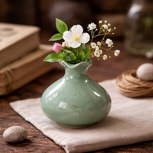 May include: A small, pale green ceramic vase with a ruffled rim holds a small bouquet of white and pink flowers with green leaves. The vase sits on a beige linen cloth on a wooden surface. A small stone is in the foreground.