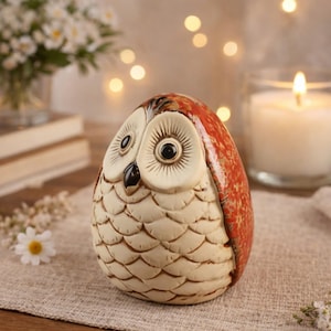 May include: A ceramic owl figurine with a cream-colored body and a reddish-brown top. The owl has large, detailed eyes and a black beak. The figurine is sitting on a beige linen surface.