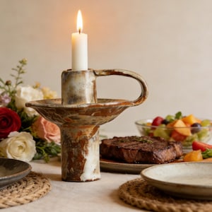 Peut inclure: Un bougeoir en céramique fait à la main avec une bougie blanche allumée. Le bougeoir a une poignée et une large coupelle peu profonde. Le schéma de couleurs est marron, blanc et beige. Le bougeoir est sur une table avec de la nourriture et des fleurs.