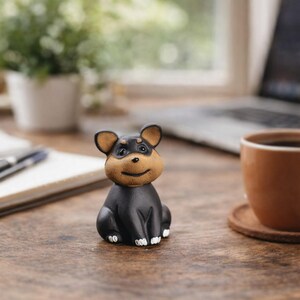 May include: A small, black and tan dog figurine with a smiling face. The ceramic dog has a black body, tan ears, and a tan face. The figurine is sitting on a wooden surface.