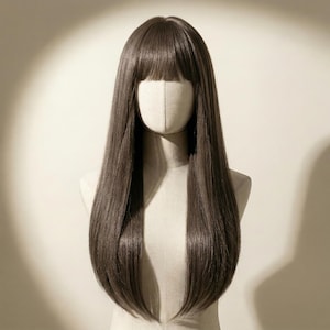 Extra Long Straight Wig with Bangs, Wigs with Bangs, Dark Brown Synthetic Women Wig, Cosplay Wigs