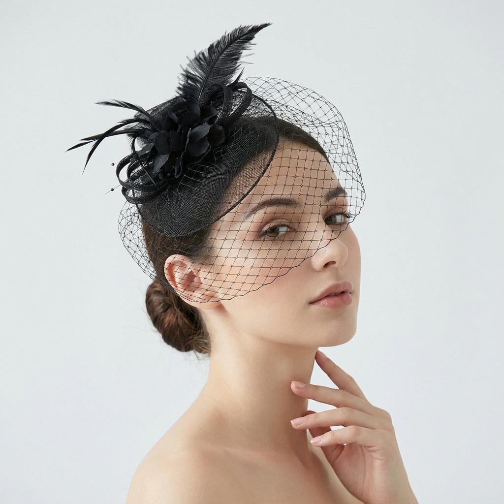 HIMESPORT Cappelli affascinanti da sposa in organza a tesa larga per matrimonio, Kentucky Derby, per donne e signore, con fiore in rete e perline, adatto per abi da cocktail e da tè
