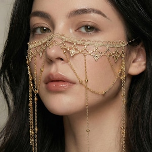 Guldfärgad ansiktskedja slöja smycken, alvisk näskedja slöja, boho gudinna ansikte accessoar, medeltida bröllop huvudbonad