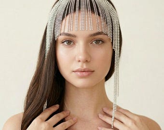 Tocado con flecos de cristal y diamantes de imitación, joyería para el cabello de novia, tocado llamativo para festivales.