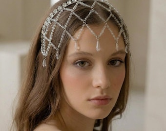 Cadena para el cabello de cristal, joyería para el cabello de boda, tocado nupcial bohemio, tocado de perlas, cadena para el cabello de boda, accesorio para el cabello de novia