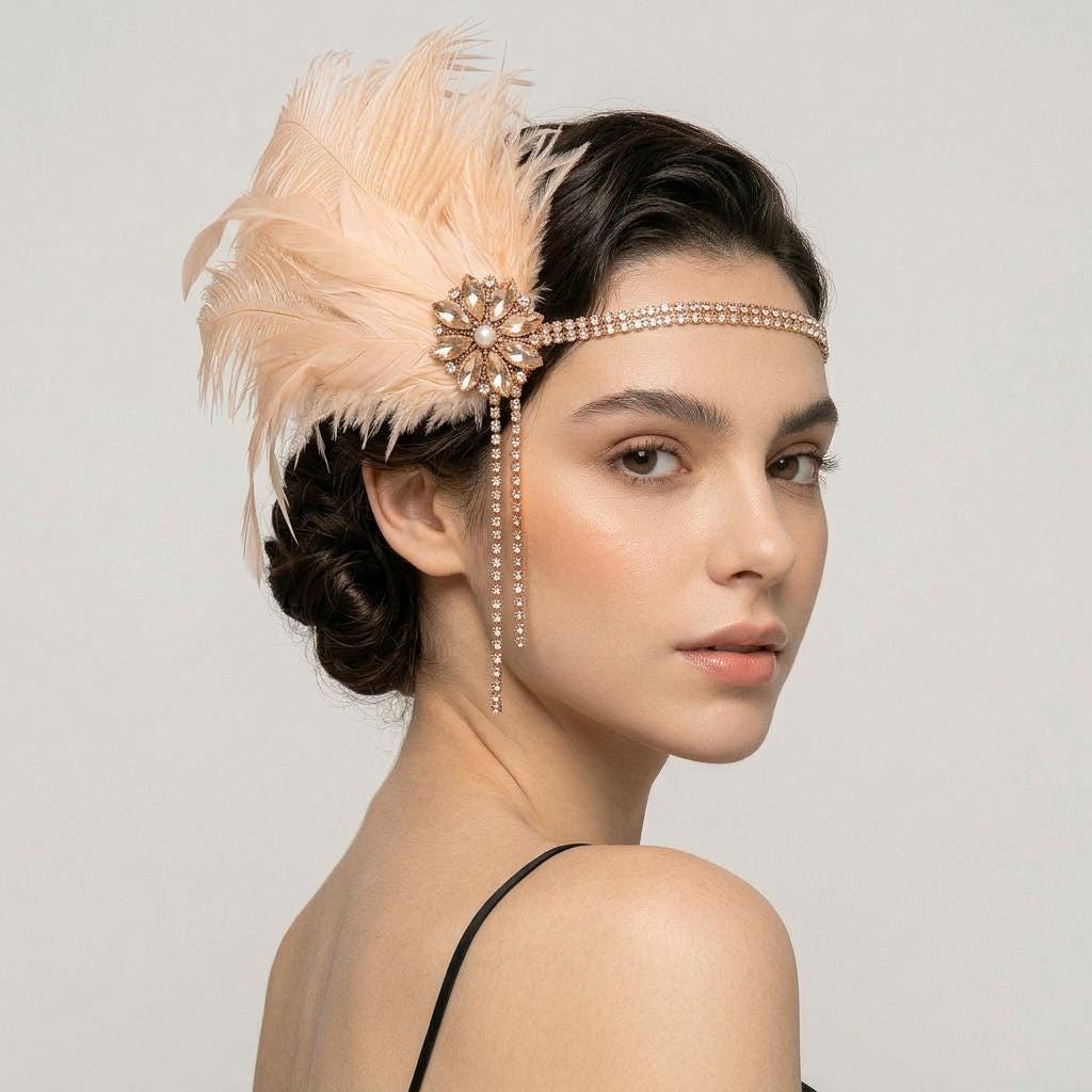 Fascia Per Capelli Vintage Con Piume Rosa - Cerchietto Elegante Per Spose, Matrimoni Ed Eventi Formali, Confezione Regalo