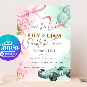 Joint Birthday Invitation Sibling Birthday Party, Pink Bows and Green Cars, Boy and Girl Birthday Invite, Canva Template, 5x7 & Mobile Size