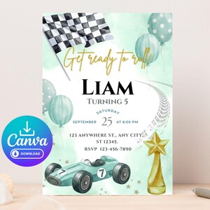 Editable Race Car Birthday Invitation, Sage Green Watercolor Racing Invite, Vintage Race Car Party, 5x7 & Mobile Size Bundle, Canva Template