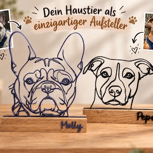 Könnte beinhalten: Zwei individuelle Hundeporträts aus Draht auf rechteckigen Holzsockeln. Die linke Skulptur zeigt eine Französische Bulldogge mit dem Namen Molly in Schreibschrift, die rechte einen Hund mit dem Namen Pepe. Der Text lautet: Dein Haustier als einzigartiger Aufsteller.