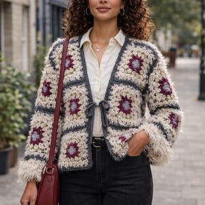 Granny Square Cardigan – Oversized Boho Crochet Sweater, Handmade Floral Patchwork Knit, Fall Winter Jacket